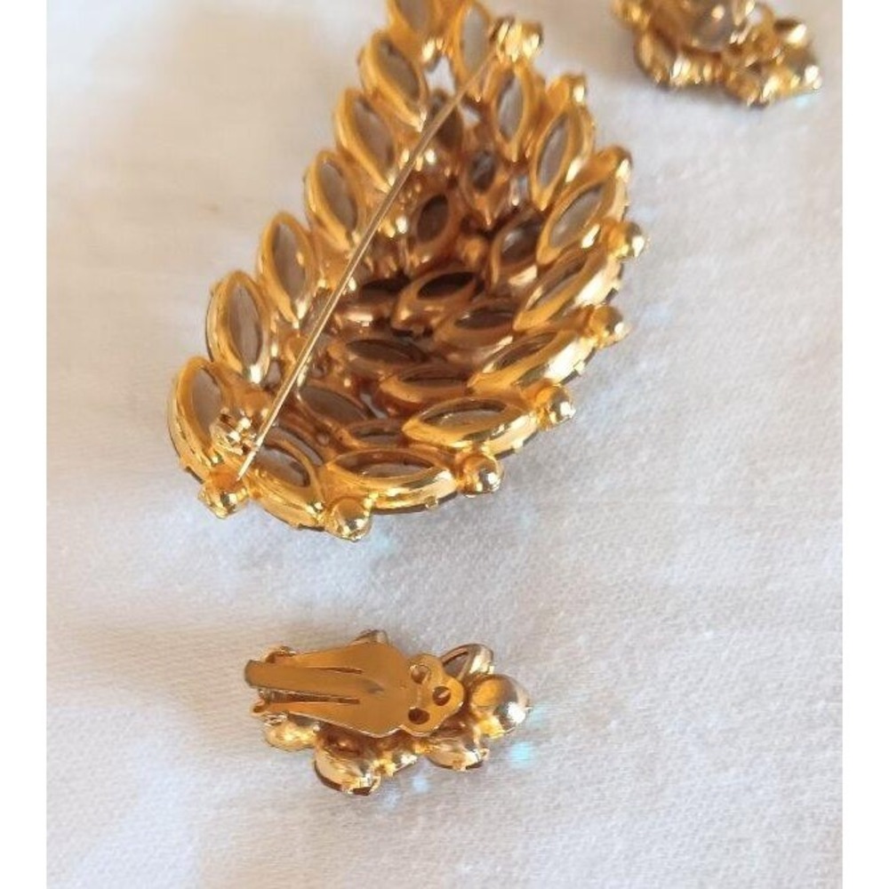 Vintage Set D&E Juliana 3" Topaz Amber Rhinestone Brooch Earrings AB Layered - Picture 5 of 6